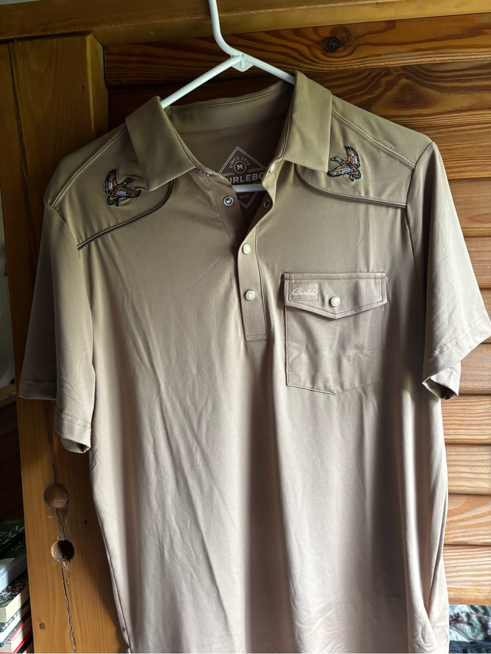 BURLEBO Men's Polo Shirt in Tan with Embroidered Ducks